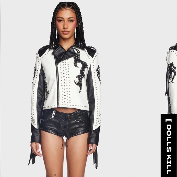 Azalea Wang two tone studded fringe leather Moto jacket - Picture 3 of 6